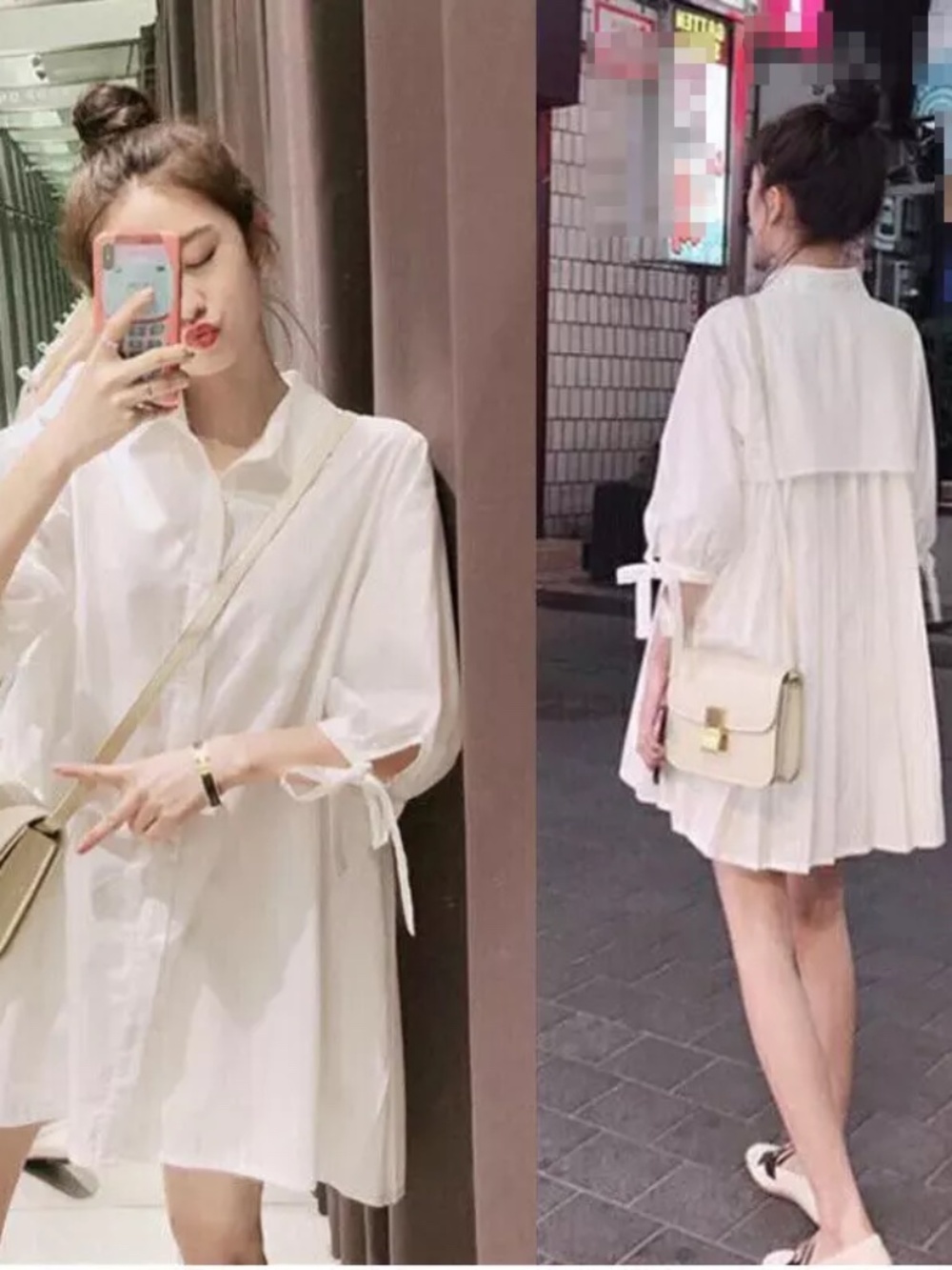 Korean Fashion Women Loose Casual Pleated Bow Short Tunic Babydoll Shirt Dress